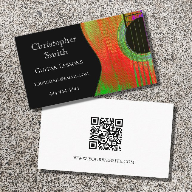Acoustic Guitar Music Lessons QR code Red Green  Business Card (Creator Uploaded)