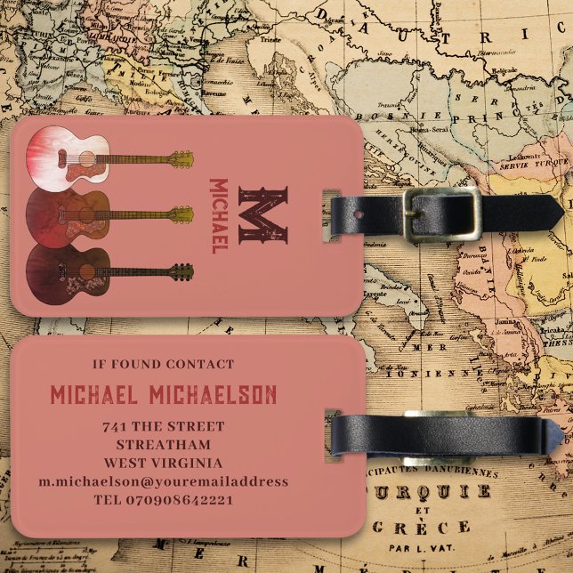 Acoustic Guitar Musician Personalized Luggage Tag (Acoustic guitar monogram country rustic custom travel luggage tag with contact details )