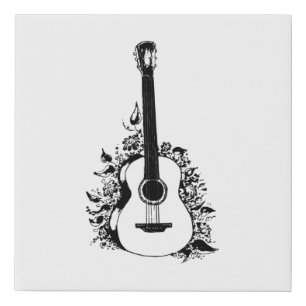 Acoustic guitar on a background of flowers.  sleev faux canvas print