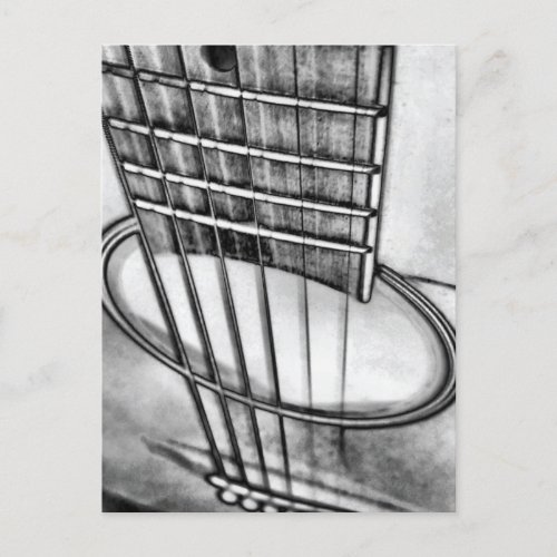 Acoustic Guitar Perspective Strings Black White Postcard