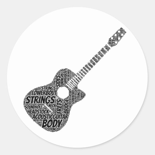 Acoustic Guitar Shaped Word Art Black Text Classic Round Sticker