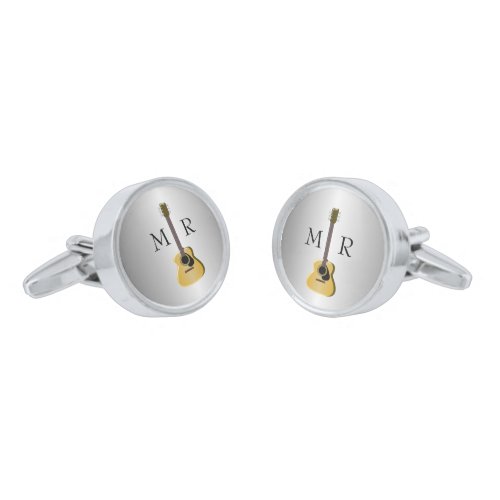 Acoustic Guitar Silver Coloured Monogrammed Silver Cufflinks