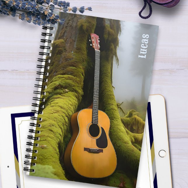 Acoustic Guitar Songwriter Foggy Forest Music Notebook (Acoustic guitar in foggy forest, personalized spiral music journal notebook inspired by nature.)