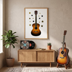 Acoustic Guitar Sunburst Gold Black Stars Music Poster