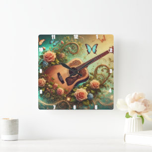 Acoustic Guitar Surrounded Flowers and Butterflies Square Wall Clock