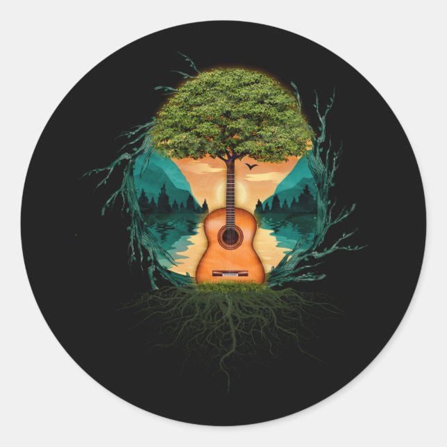 Acoustic Guitar Tree By The Lake Guitarist Nature  Classic Round Sticker (Front)