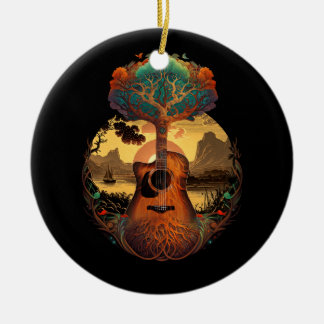 Acoustic Guitar Tree By The Lake Guitarist Sunset  Ceramic Ornament