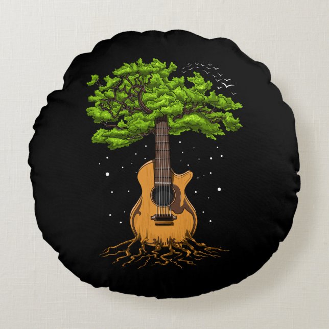 Acoustic Guitar Tree Of Life Round Pillow (Front)