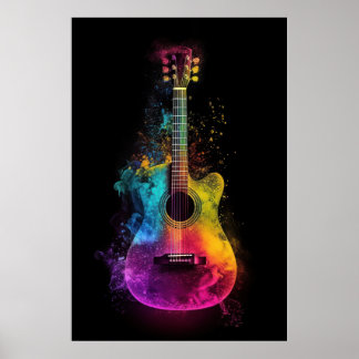 Acoustic guitar with exploding colors poster