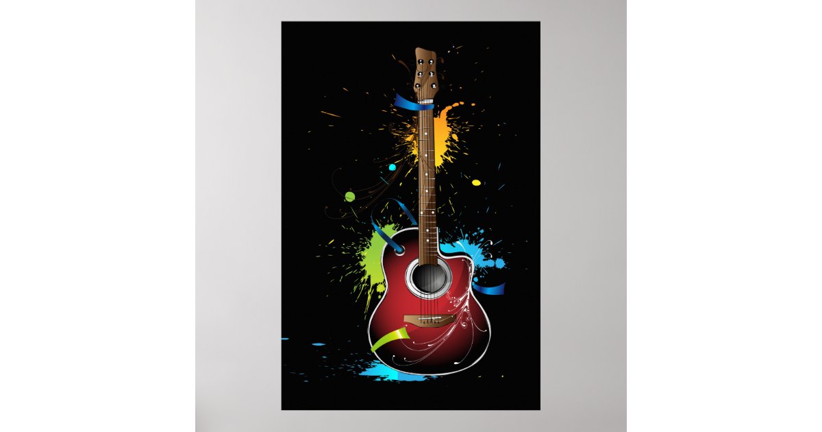 Acoustic guitar with paint splatters poster | Zazzle