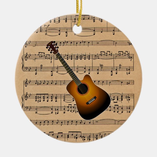Acoustic Guitar With Sheet Music Background Ceramic Ornament (Front)