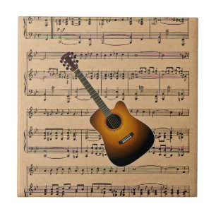 Acoustic Guitar With Sheet Music Background Ceramic Tile