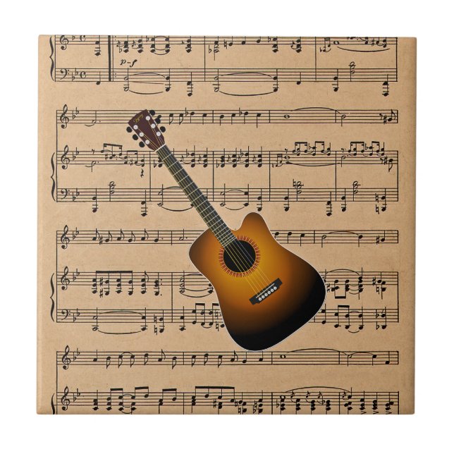 Acoustic Guitar With Sheet Music Background Ceramic Tile (Front)