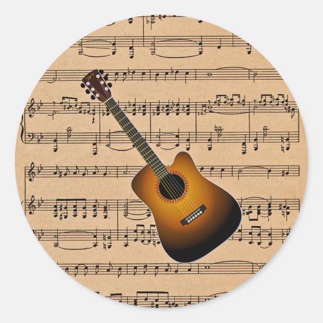Acoustic Guitar With Sheet Music Background Classic Round Sticker (Front)