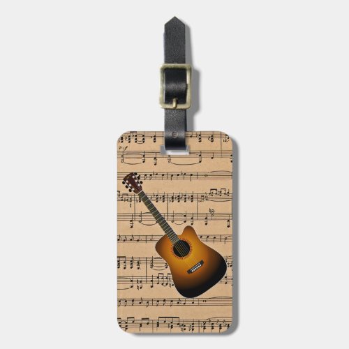 Acoustic Guitar With Sheet Music Background Luggage Tag