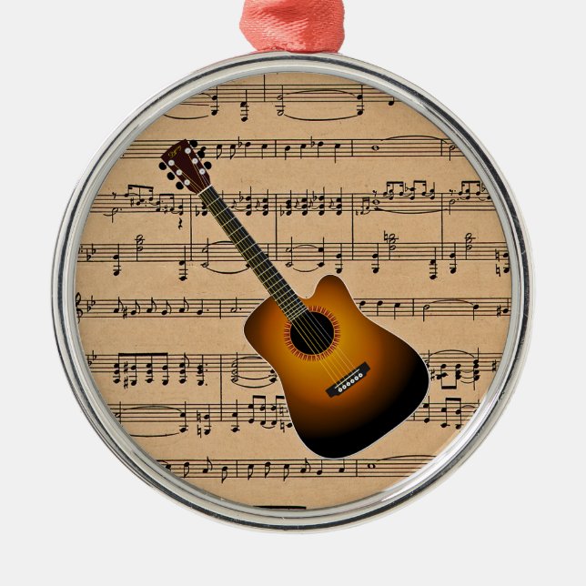 Acoustic Guitar With Sheet Music Background Metal Ornament (Front)