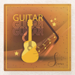 Acoustic Guitar Words and Music Amber ID570 Glass Coaster