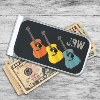 Acoustic Guitars Monogrammed Black Silver Finish Money Clip by holiday_store at Zazzle