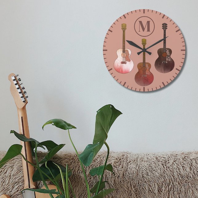 acoustic guitars personalized Rustic Brown Large Clock (Acoustic guitar custom monogram initial rustic brown wall clock for guitarist musicians)