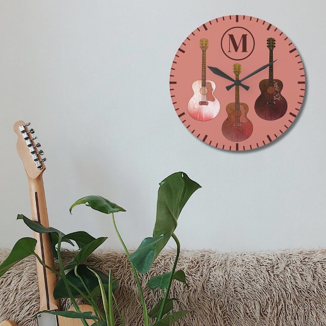 acoustic guitars personalized Rustic Large Clock (Rustic acoustic guitar monogram initial brown wall clock country music style illustration )