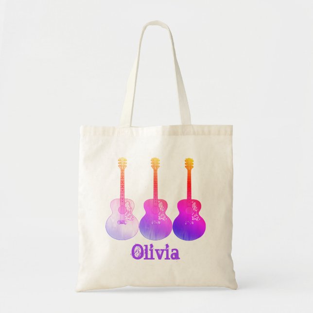 Acoustic guitars pop art personalized pink tote bag (Front)