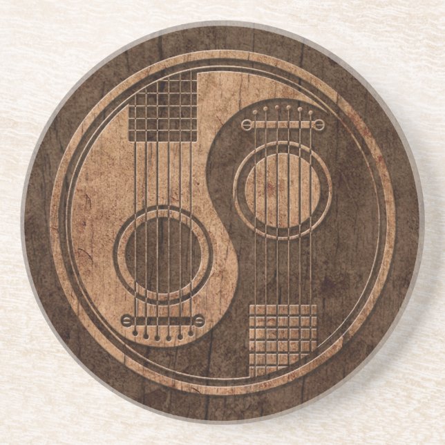 Acoustic Guitars Yin Yang with Wood Grain Effect Sandstone Coaster (Front)