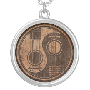 Acoustic Guitars Yin Yang with Wood Grain Effect Silver Plated Necklace