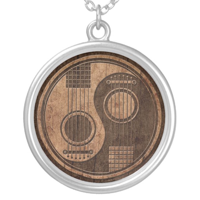 Acoustic Guitars Yin Yang with Wood Grain Effect Silver Plated Necklace (Front)