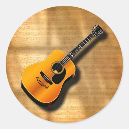 Acoustic Vintage Guitar With Musician Custom Name Classic Round Sticker