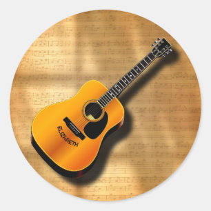Acoustic Vintage Guitar With Musician Custom Name Classic Round Sticker