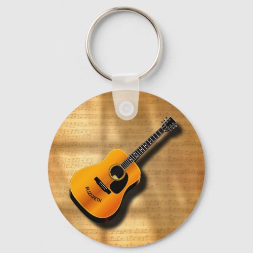 Acoustic Vintage Guitar With Musician Custom Name Keychain
