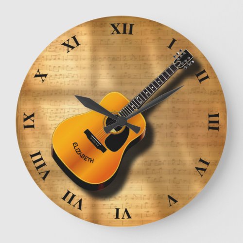 Acoustic Vintage Guitar With Musician Custom Name Large Clock