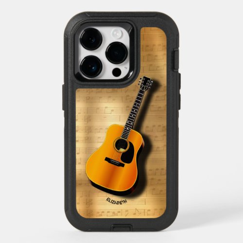 Acoustic Vintage Guitar With Musician Custom Name OtterBox iPhone 14 Pro Case