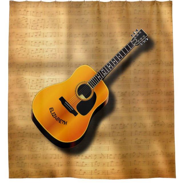 Acoustic Vintage Guitar With Musician Custom Name Shower Curtain (Front)