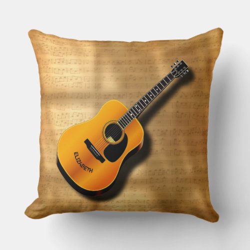 Acoustic Vintage Guitar With Musician Custom Name Throw Pillow