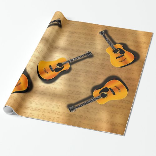 Acoustic Vintage Guitar With Musician Custom Name Wrapping Paper