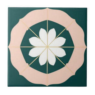 Acqua-green, white and pink floral ceramic tile