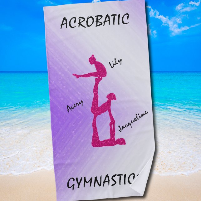Acrobatic Gymnastics Beach Towel w/ Up To 3 Names (Acrobatic Gymnastics Trio Design for Girls and Teams)