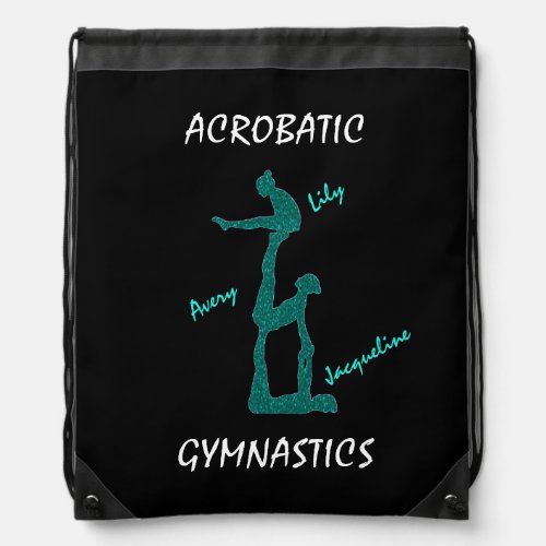 Acrobatic Gymnastics Black  Teal w up to 3 Names Drawstring Bag