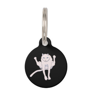Acrobatically jumping white athlete cat pet ID tag