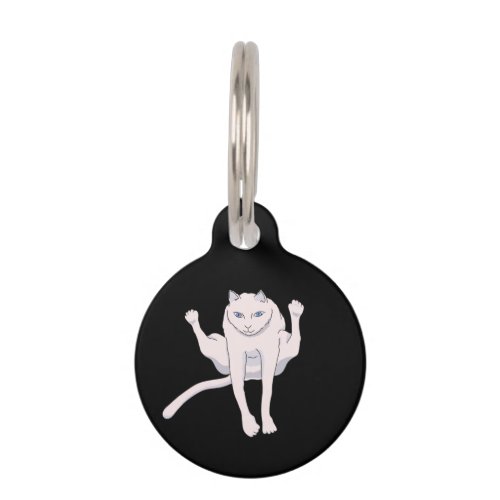 Acrobatically jumping white athlete cat pet ID tag