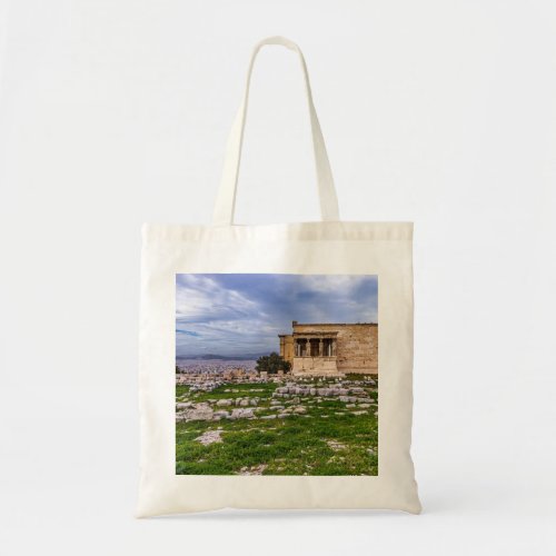 Acropolis with cloudy sky as background Athens Tote Bag