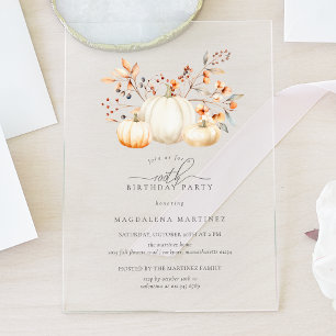 ACRYLIC 100th Birthday White Pumpkin Fall Leaves Invitations