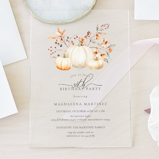ACRYLIC 30th Birthday White Pumpkin Fall Leaves Acrylic Invitations (Creator Uploaded)