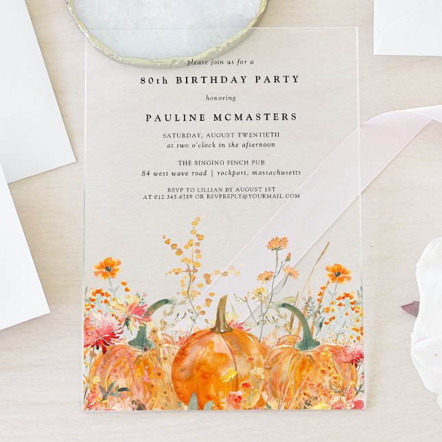 ACRYLIC 80th Birthday Fall Pumpkin Wildflower Invitations (Creator Uploaded)