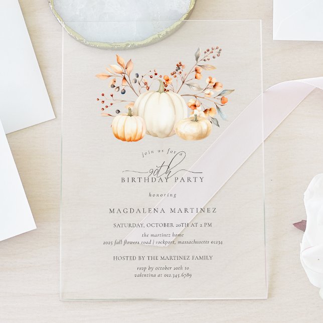 ACRYLIC 90th Birthday White Pumpkin Fall Leaves Invitations (Creator Uploaded)