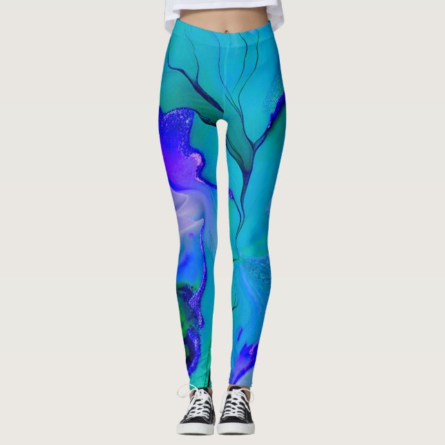Acrylic Abstract Creative Blue, Purple and Green Leggings (Front)