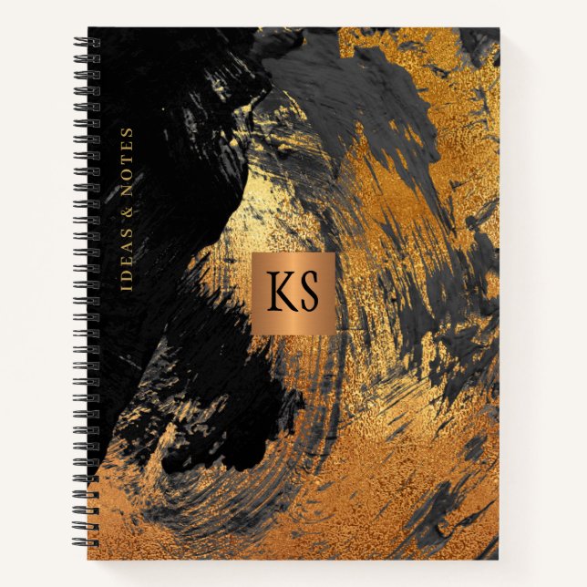 Acrylic abstract painting black gold monogrammed notebook (Front)