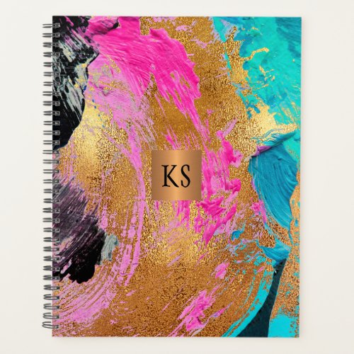 Acrylic abstract painting copper gold monogrammed planner
