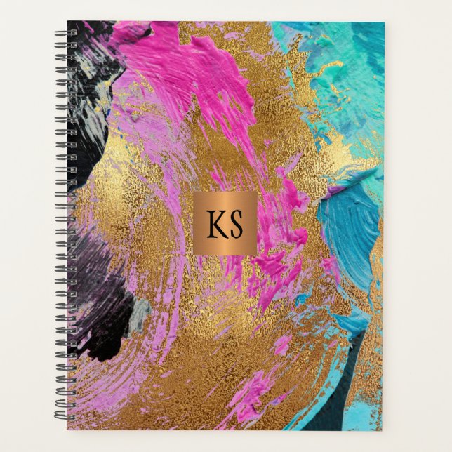Acrylic abstract painting copper gold monogrammed planner (Front)